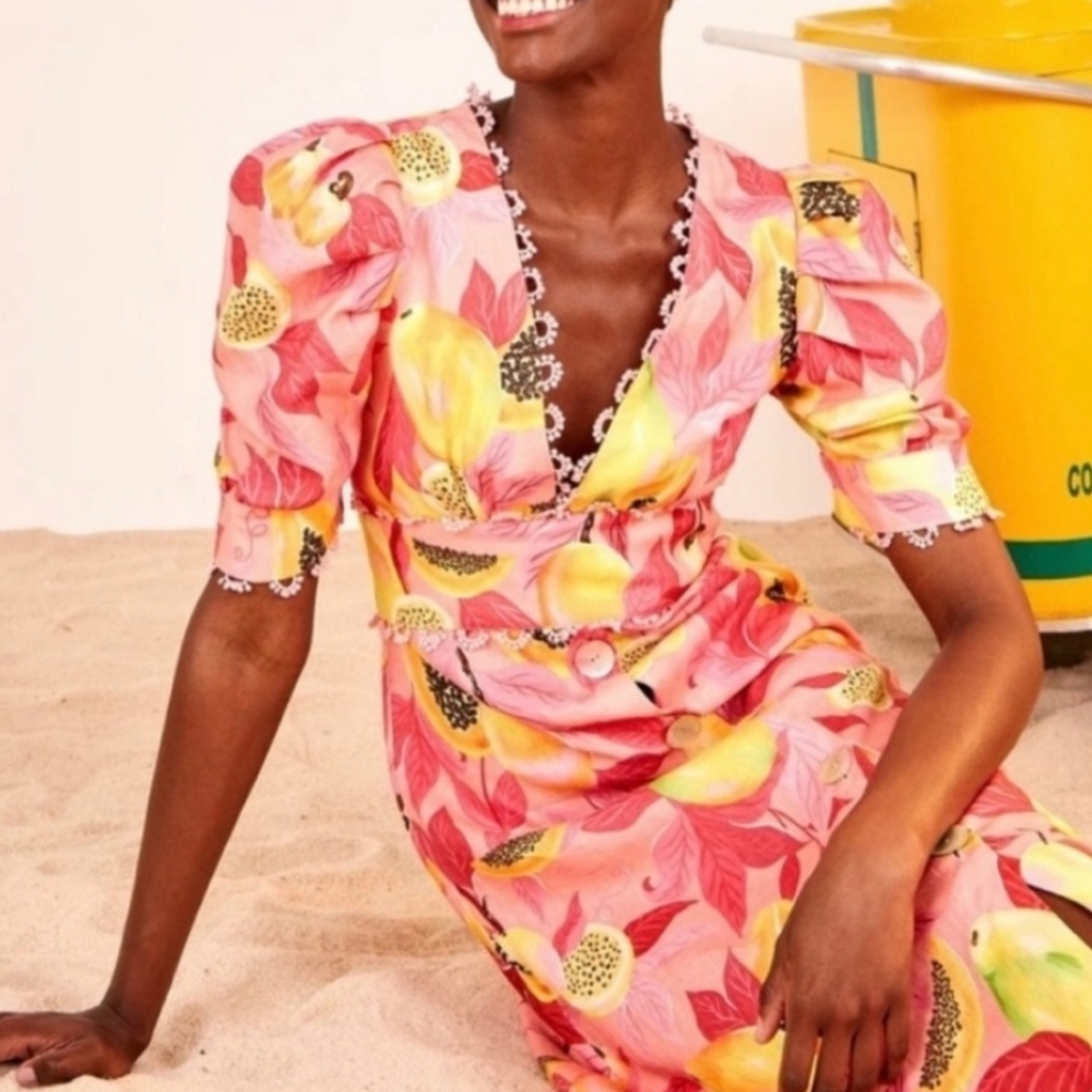 Farm Rio Pink Midi Dress 100% Linen S - Picture 4 of 13